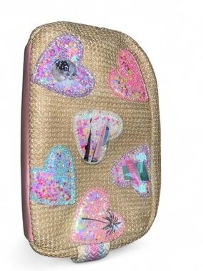 Pink Heart Sequin Cosmetic Case - Straw Texture